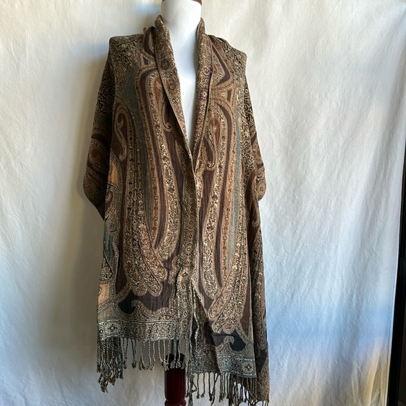 ‘90s Indian paisley abstract fringe shawl boho scarf - Picture 1 of 5